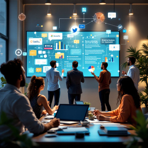 An artistic representation of corporate communication and branding, featuring a modern office setting with diverse professionals collaborating. In the foreground, a vibrant branding board with logos, color swatches, and typography samples. In the background, a sleek presentation screen displaying key messages and a brand mission statement. Symbolic elements like glowing speech bubbles, interconnected networks, and arrows to depict effective communication. The scene is illuminated with warm, professional lighting, emphasizing teamwork and innovation. The mood is dynamic and inspiring, showcasing the power of unified branding and strategic communication.