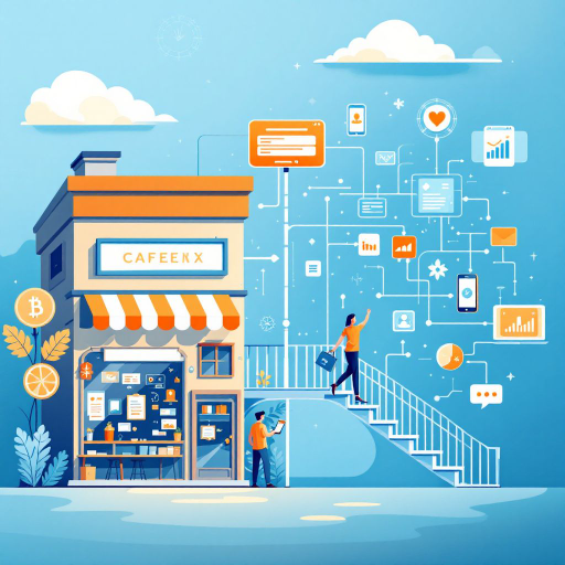 Ilustración que representa cómo llevar un negocio físico al mundo digital, con un puente que conecta una tienda tradicional con elementos como una computadora y un carrito de compras en línea. Ideal para destacar el proceso de digitalizar tu negocio.
