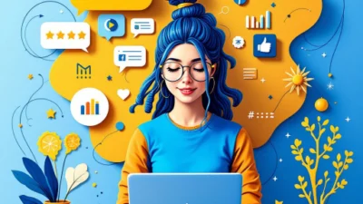 Mujer emprendedora con laptop trabajando en estrategias digitales, rodeada de iconos de redes sociales y analítica web. Concepto visual sobre cómo posicionar mi web en Google con herramientas de marketing digital